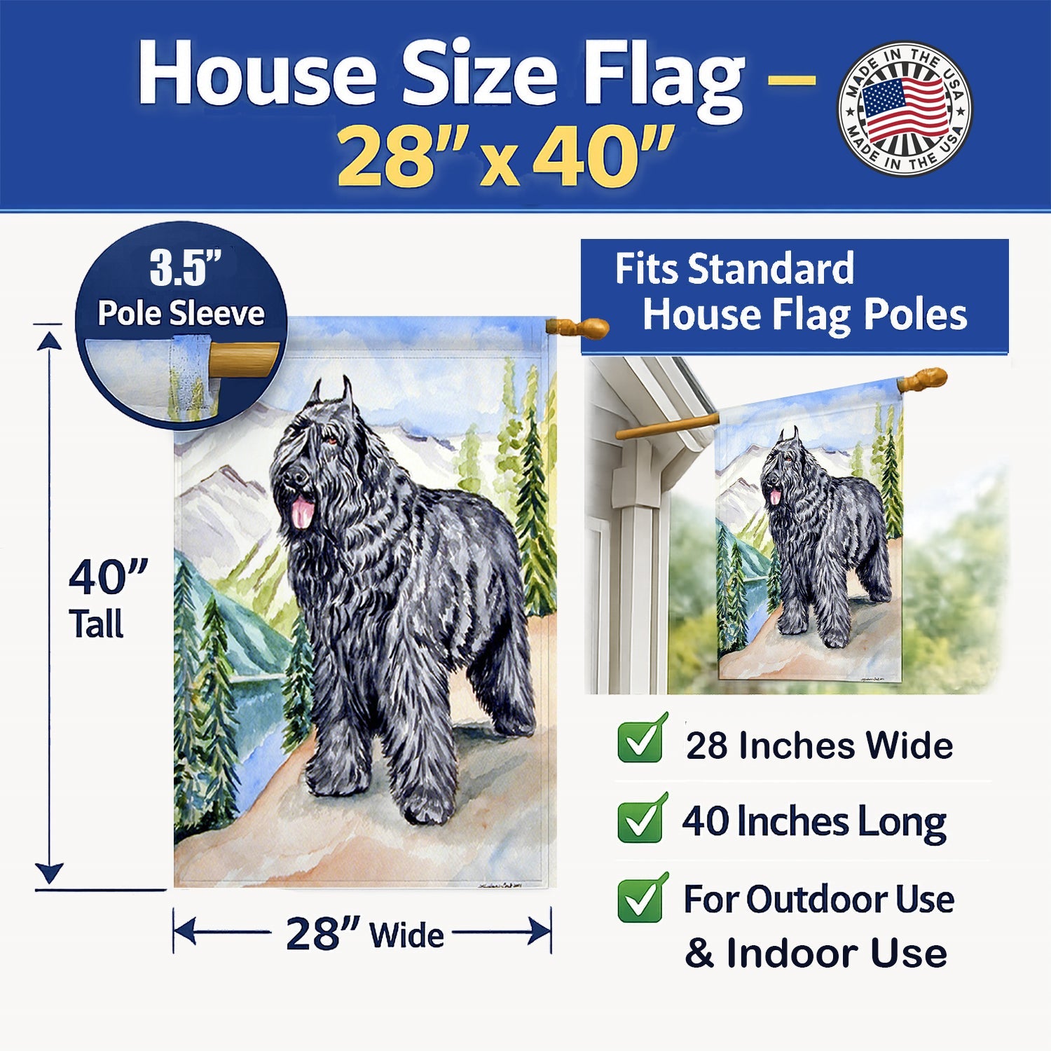 Bouvier des Flandres House Flag 28x40 Porch Sleeve Pole Decorative Outside Yard Banner Artwork Wall Hanging, Polyester
