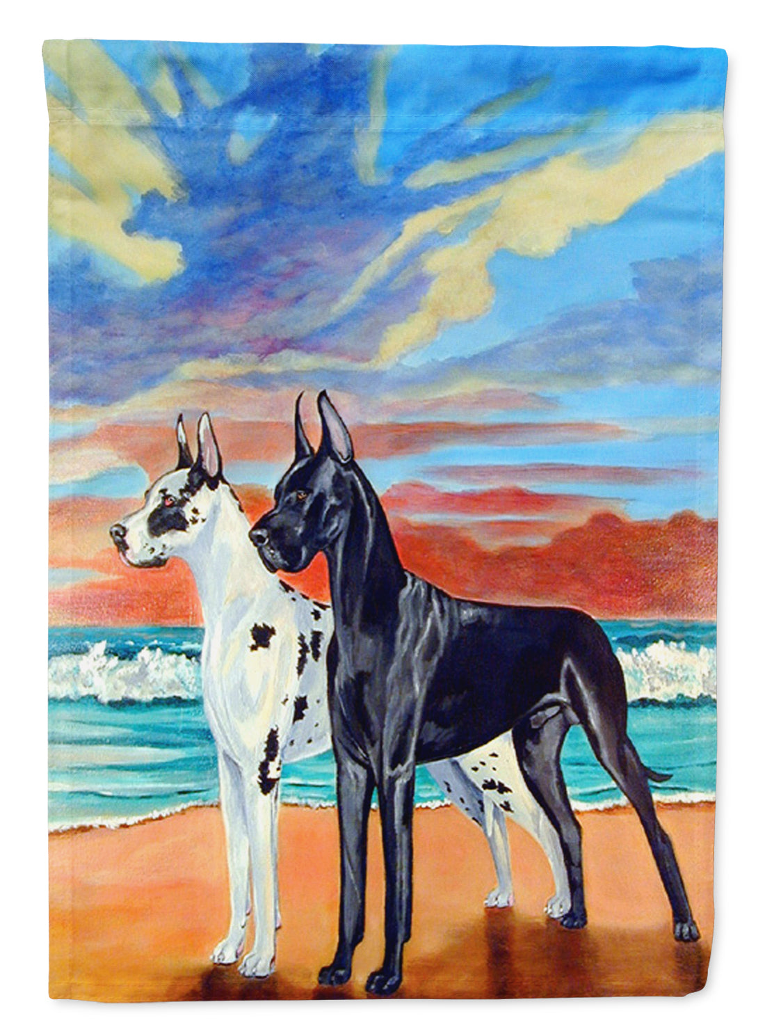 At sunset Great Dane Harlequin and Black House Flag 28x40 Porch Sleeve Pole Decorative Outside Yard Banner Artwork Wall Hanging, Polyester