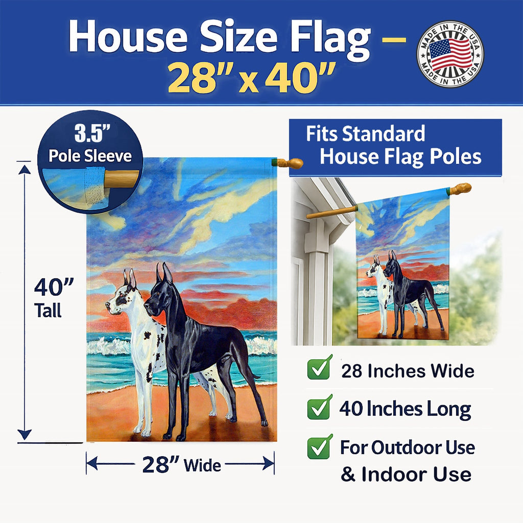 At sunset Great Dane Harlequin and Black House Flag 28x40 Porch Sleeve Pole Decorative Outside Yard Banner Artwork Wall Hanging, Polyester