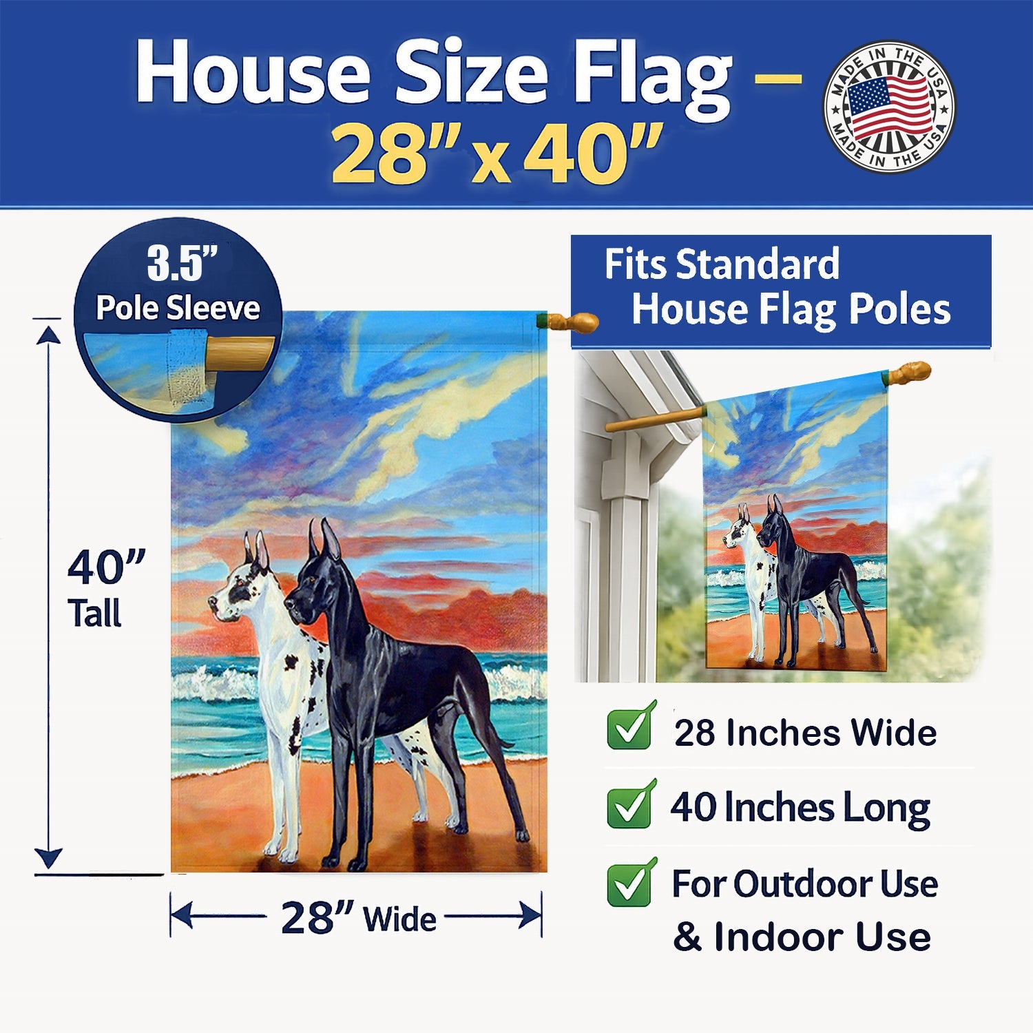 At sunset Great Dane Harlequin and Black House Flag 28x40 Porch Sleeve Pole Decorative Outside Yard Banner Artwork Wall Hanging, Polyester