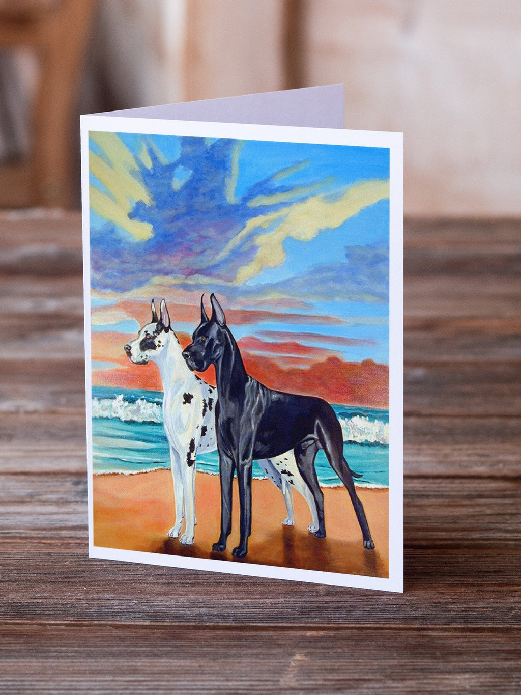 At sunset Great Dane Harlequin and Black Greeting Cards Pack of 8 Blank Cards with Envelopes Whimsical A7 Size 5x7