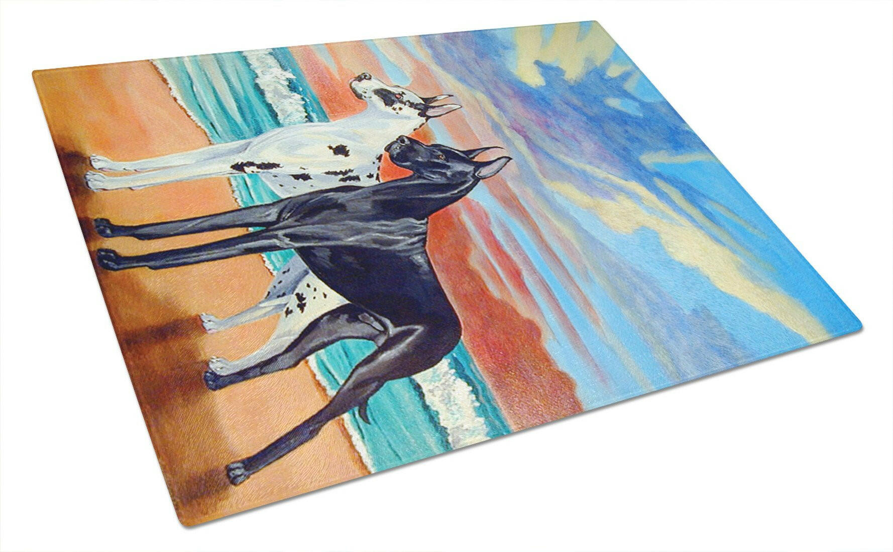 At sunset Great Dane Harlequin and Black Cutting Board Tempered Glass Kitchen Cutting Surface, Heat Resistant Chopping, Non-Slip Feet, Food Prep & Serving