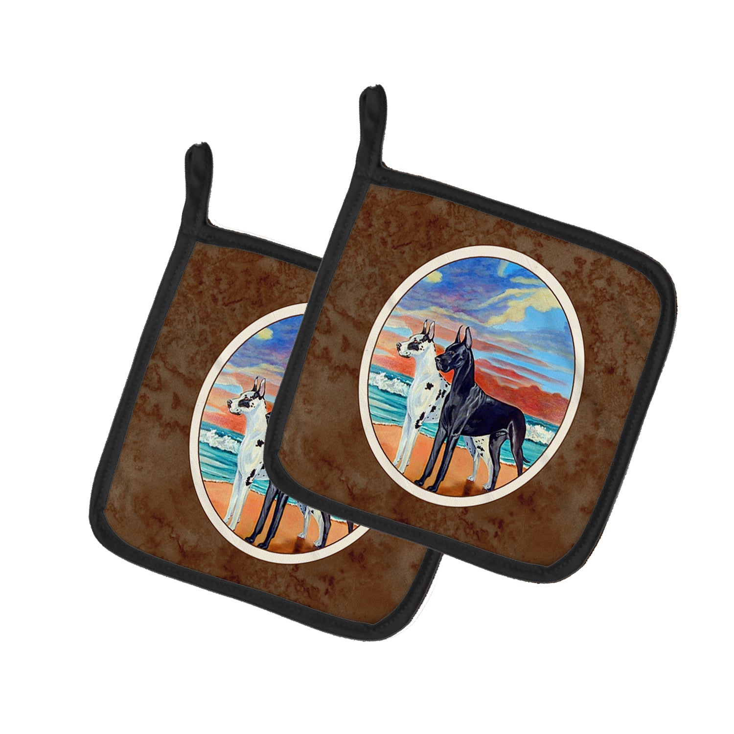 At sunset Great Dane Harlequin and Black Pot Holder Set of 2 Heat Resistant Quilted Hot Pads 7.5 x 7.5 Inch, Insulated Kitchen Trivets for Cooking & Baking