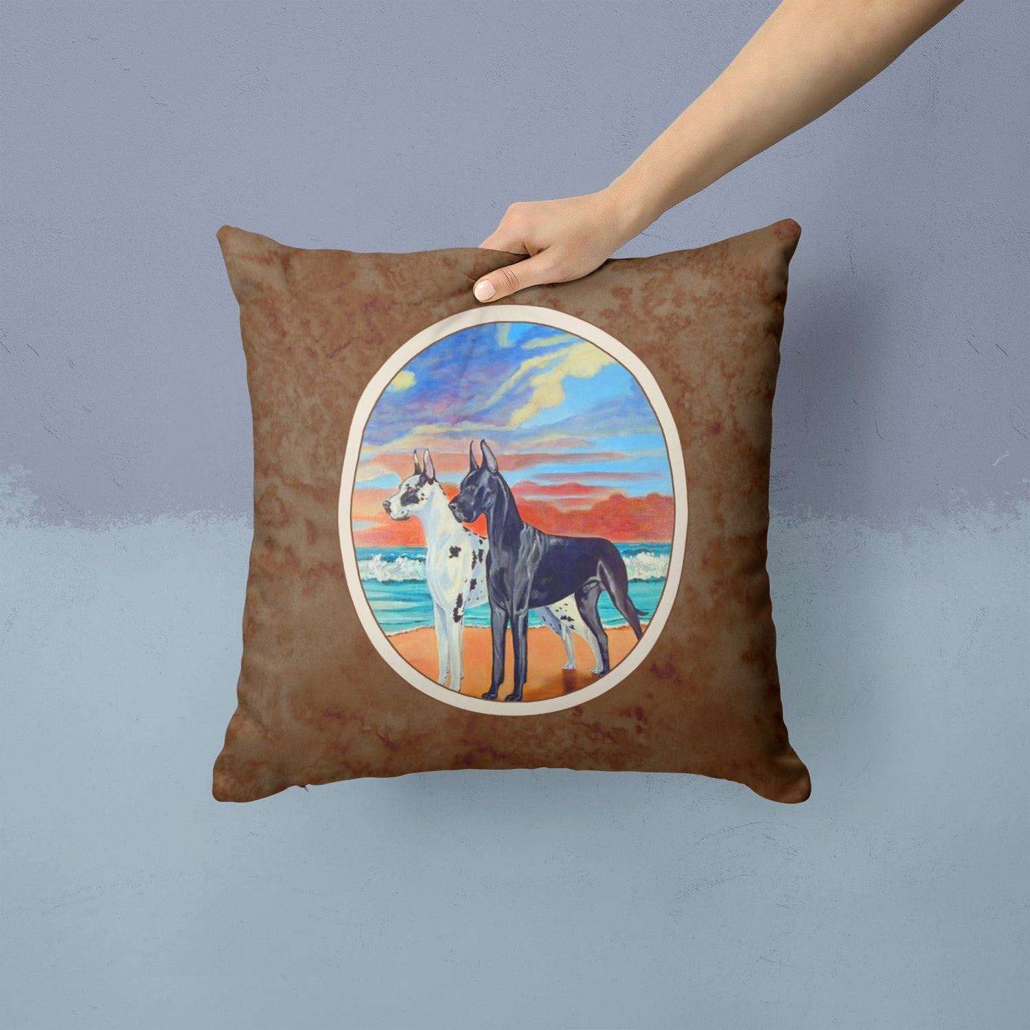 At sunset Great Dane Harlequin and Black Decorative Throw Pillow 14x14 Indoor Outdoor Accent Cushion, Fabric Cover with Insert for Sofa, Bed, Porch & Living Room