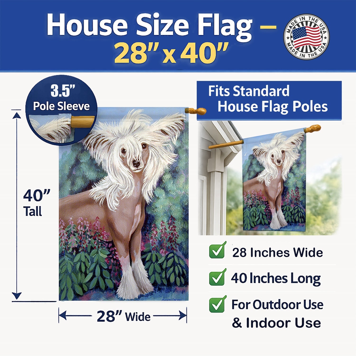 Chinese Crested House Flag 28x40 Porch Sleeve Pole Decorative Outside Yard Banner Artwork Wall Hanging, Polyester