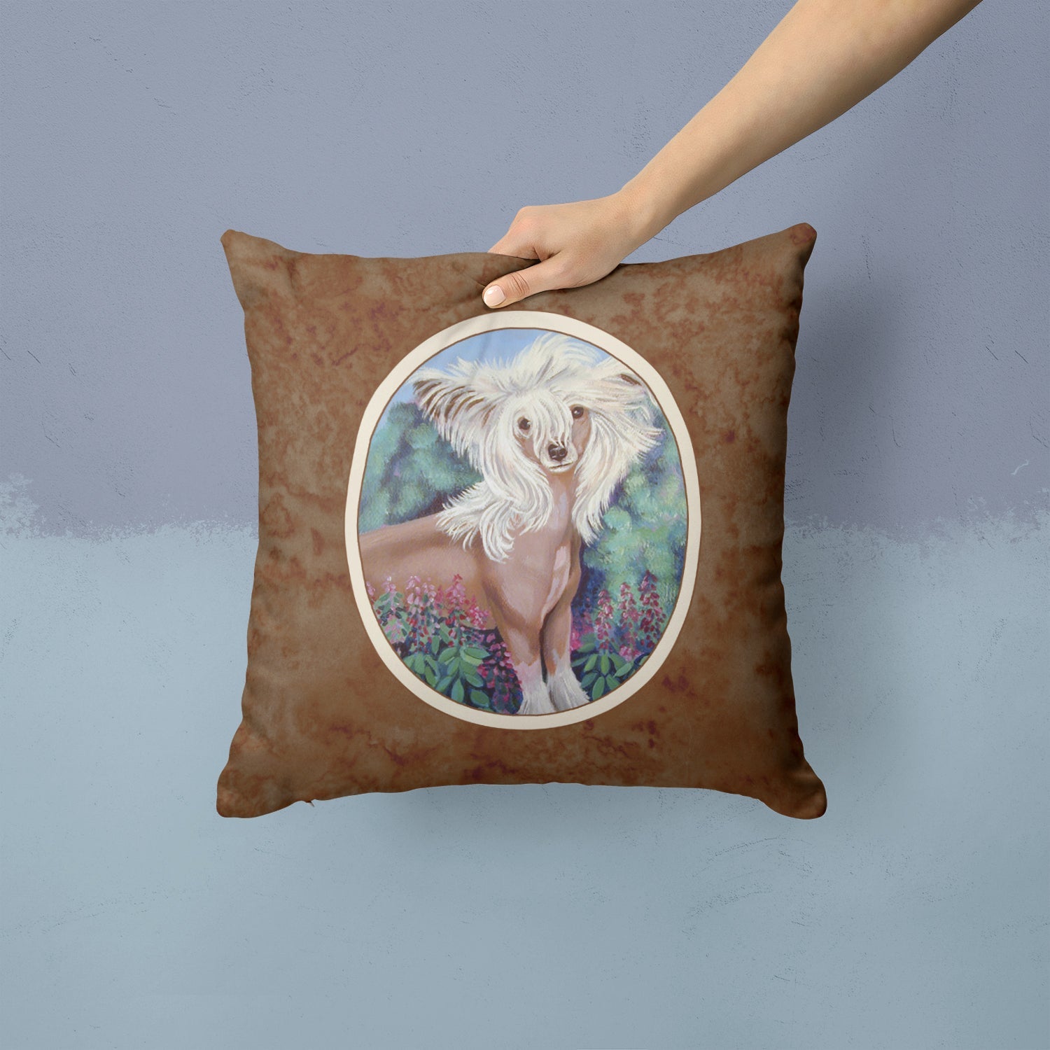 Chinese Crested Decorative Throw Pillow 14x14 Indoor Outdoor Accent Cushion, Fabric Cover with Insert for Sofa, Bed, Porch & Living Room