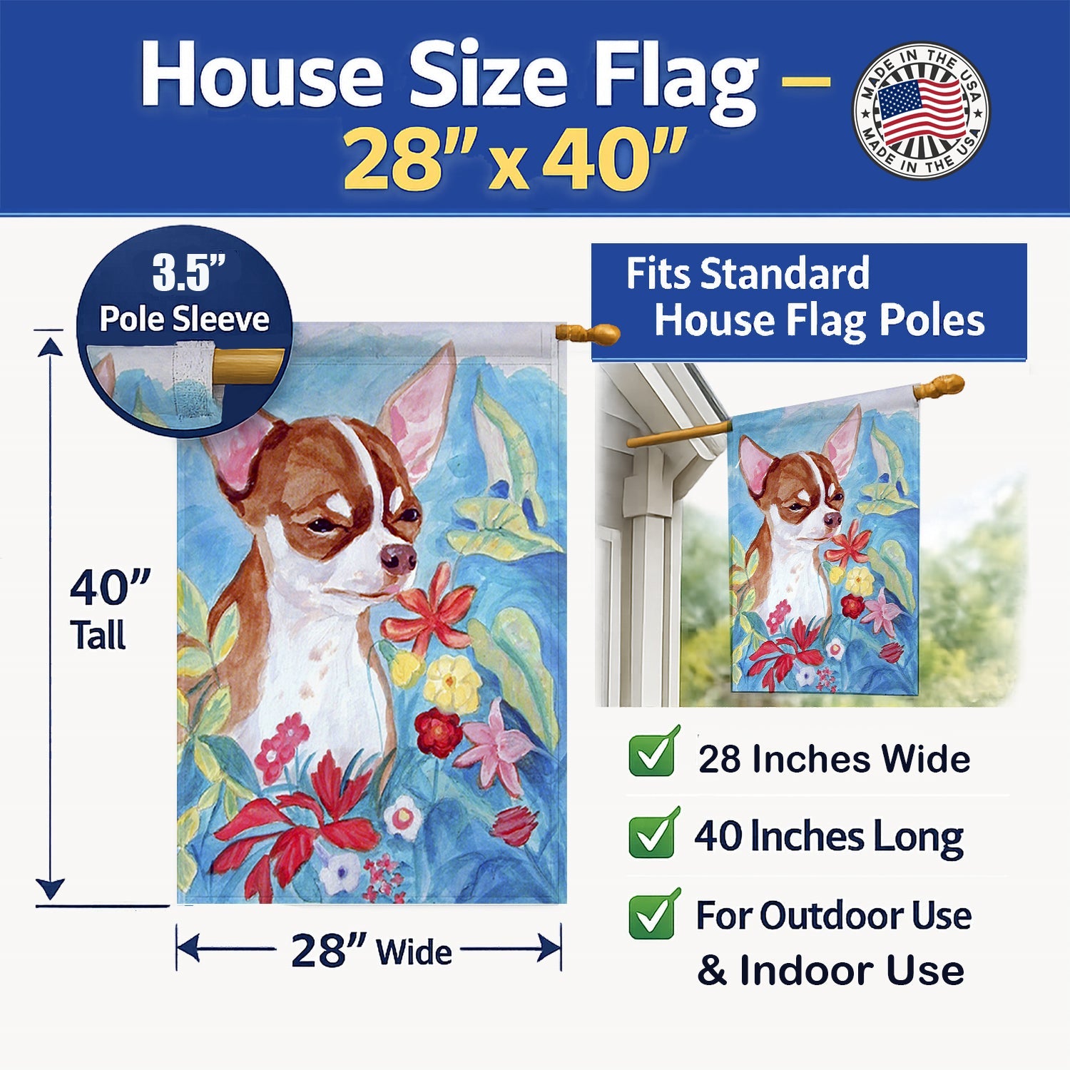 Chihuahua in flowers House Flag 28x40 Porch Sleeve Pole Decorative Outside Yard Banner Artwork Wall Hanging, Polyester