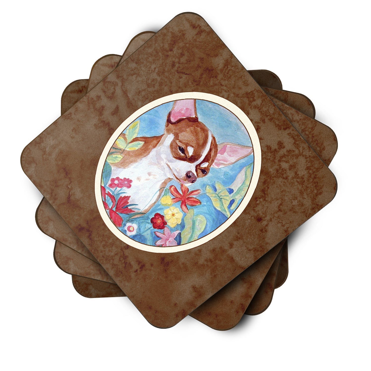 Chihuahua in flowers Foam Coasters Set of 4 Cup Coasters for Indoor Outdoor, Tabletop Protection, Anti Slip, Mouse pad Material