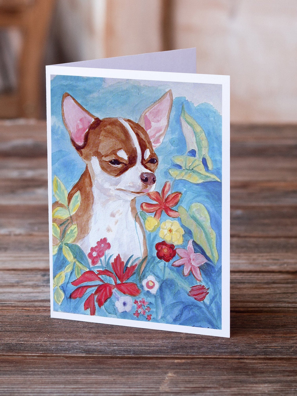 Chihuahua in flowers Greeting Cards Pack of 8 Blank Cards with Envelopes Whimsical A7 Size 5x7