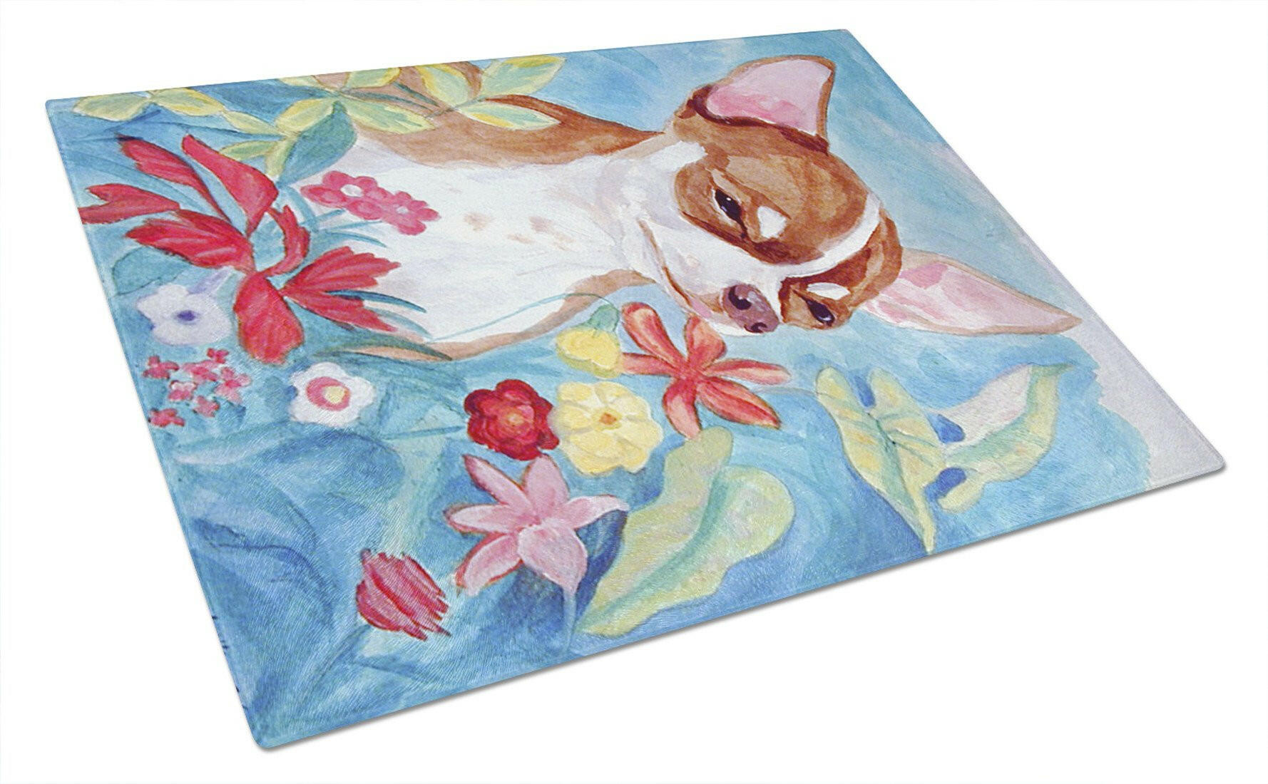 Chihuahua in flowers Cutting Board Tempered Glass Kitchen Cutting Surface, Heat Resistant Chopping, Non-Slip Feet, Food Prep & Serving