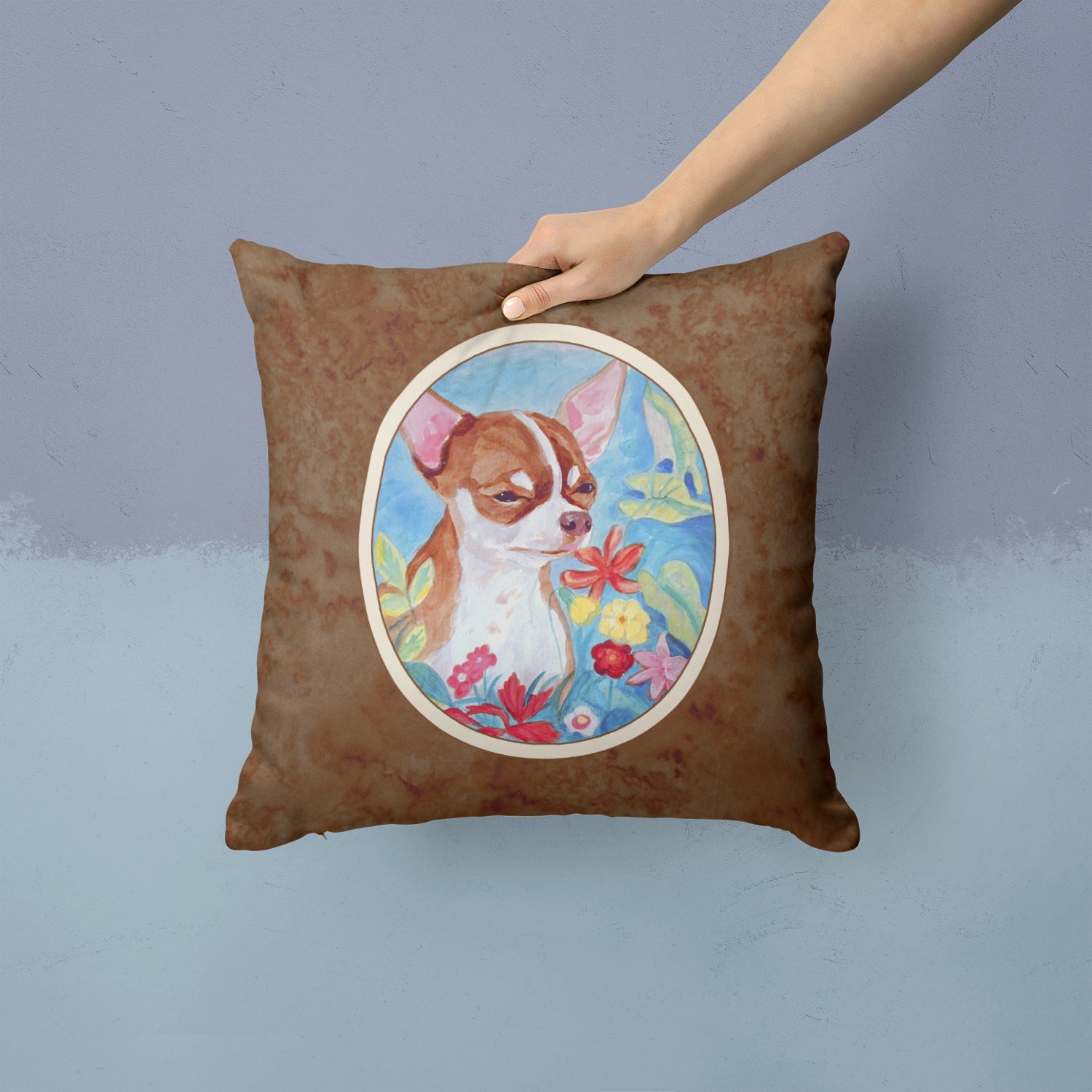 Chihuahua in flowers Decorative Throw Pillow 14x14 Indoor Outdoor Accent Cushion, Fabric Cover with Insert for Sofa, Bed, Porch & Living Room