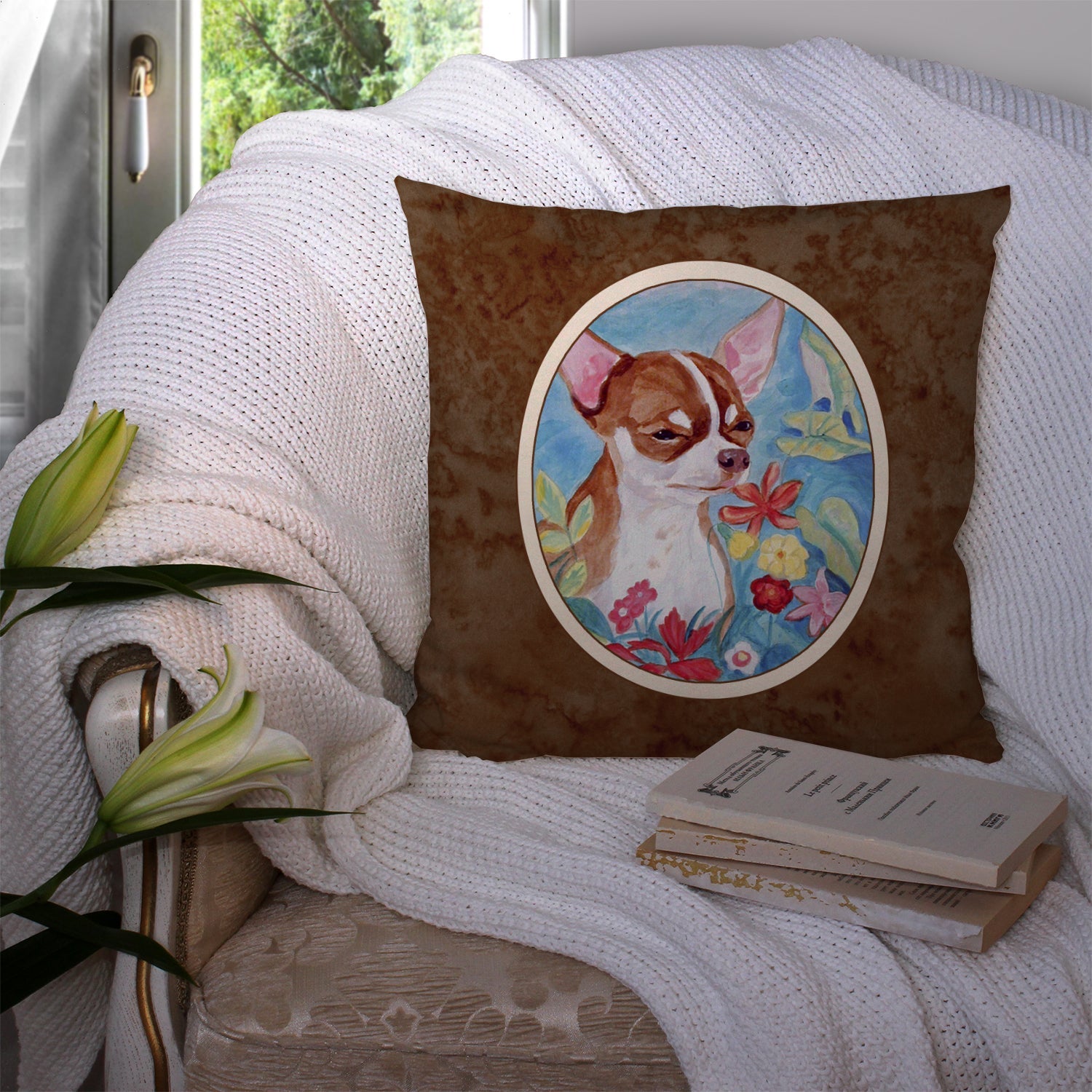 Chihuahua in flowers Decorative Throw Pillow 14x14 Indoor Outdoor Accent Cushion, Fabric Cover with Insert for Sofa, Bed, Porch & Living Room