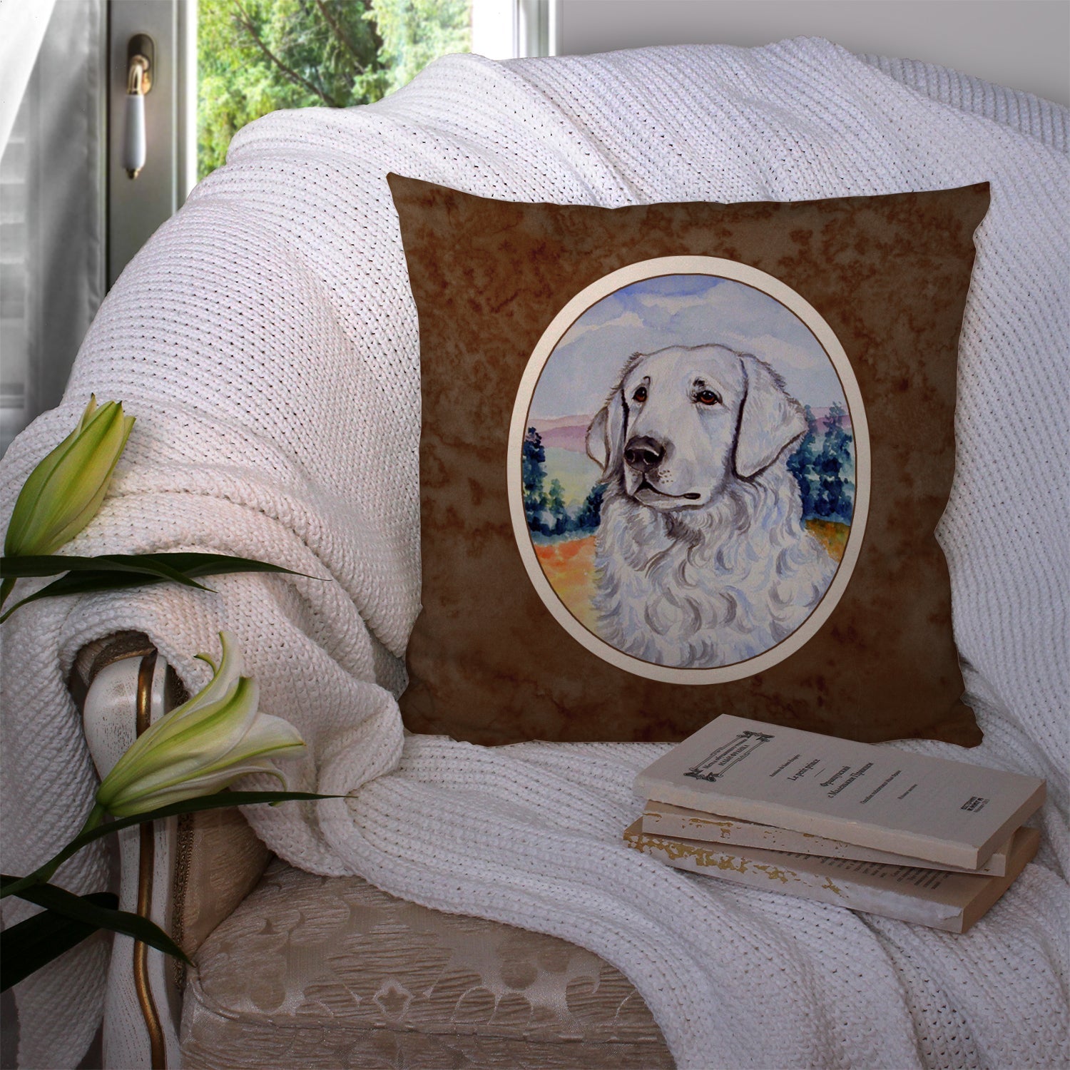 Kuvasz Decorative Throw Pillow 14x14 Indoor Outdoor Accent Cushion, Fabric Cover with Insert for Sofa, Bed, Porch & Living Room