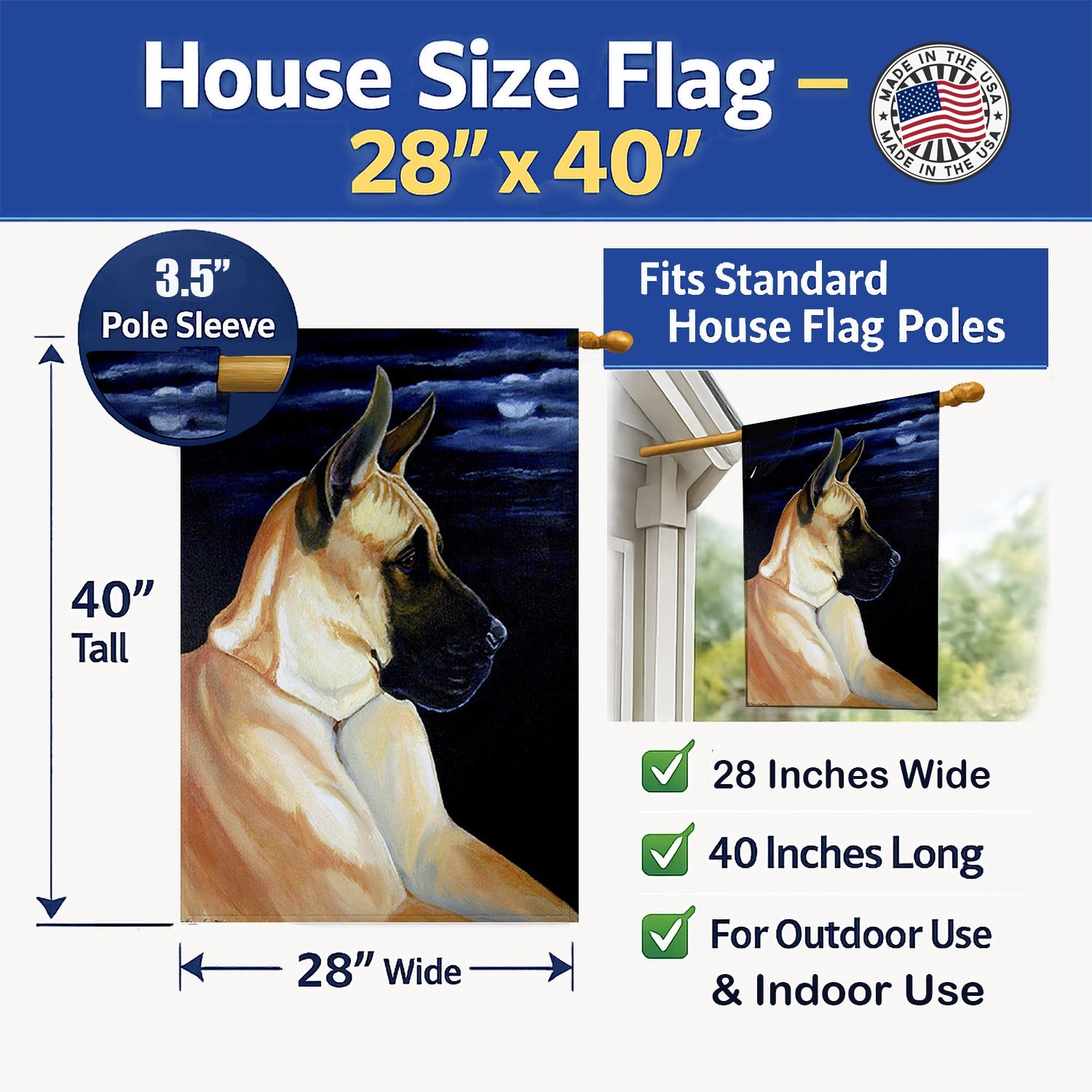 Fawn Great Dane in the Moonlight House Flag 28x40 Porch Sleeve Pole Decorative Outside Yard Banner Artwork Wall Hanging, Polyester