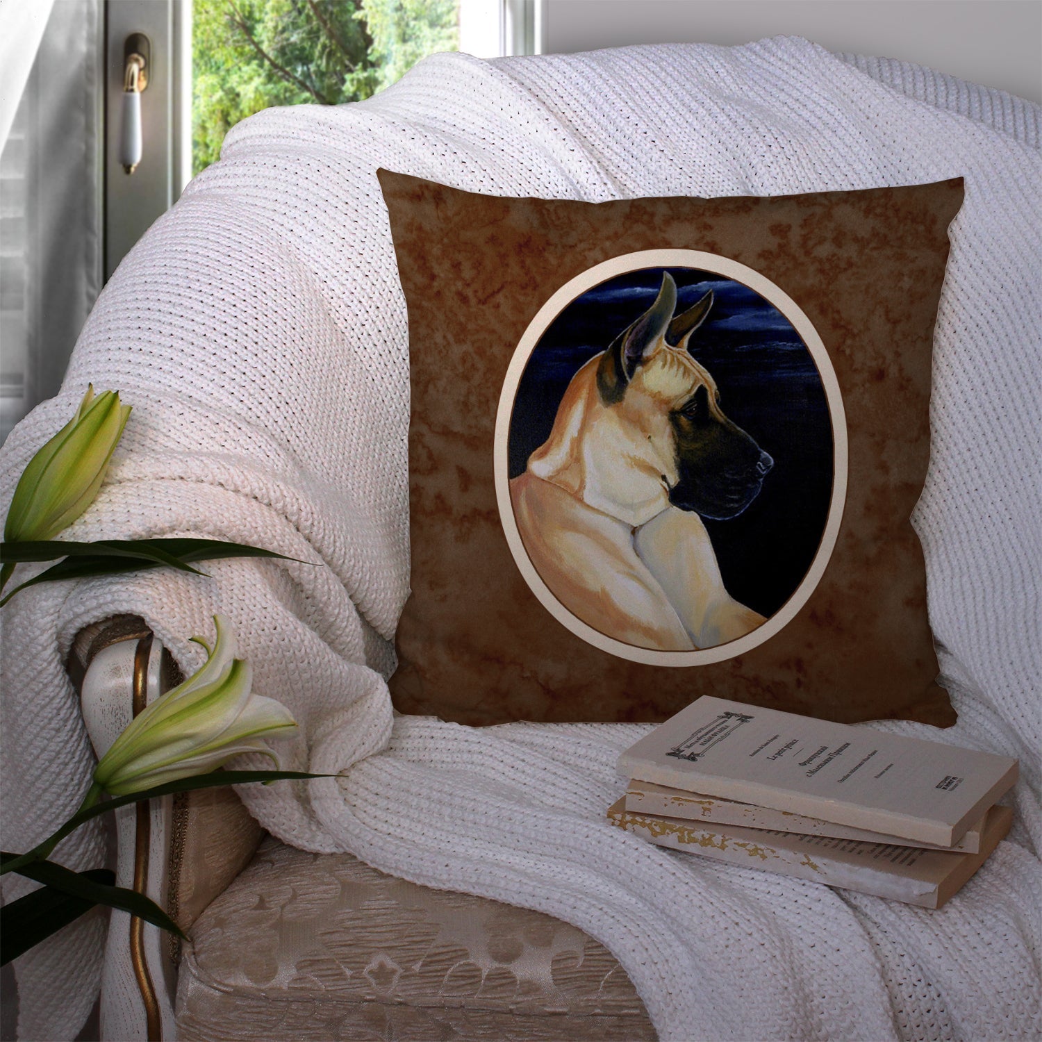 Fawn Great Dane in the Moonlight Decorative Throw Pillow 14x14 Indoor Outdoor Accent Cushion, Fabric Cover with Insert for Sofa, Bed, Porch & Living Room