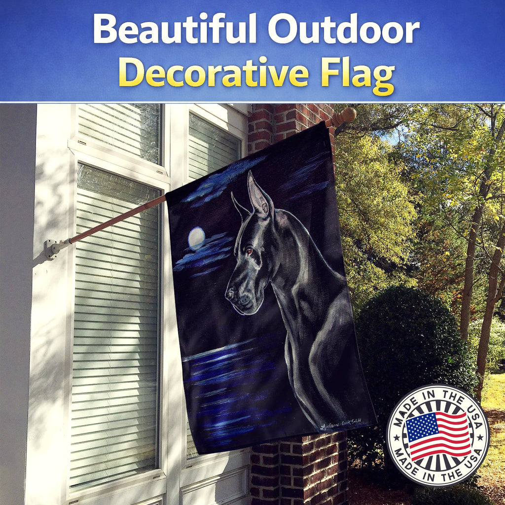 Black Great Dane in the Moonlight House Flag 28x40 Porch Sleeve Pole Decorative Outside Yard Banner Artwork Wall Hanging, Polyester