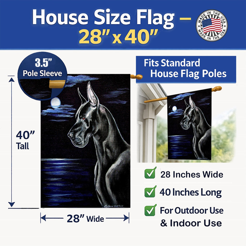 Black Great Dane in the Moonlight House Flag 28x40 Porch Sleeve Pole Decorative Outside Yard Banner Artwork Wall Hanging, Polyester