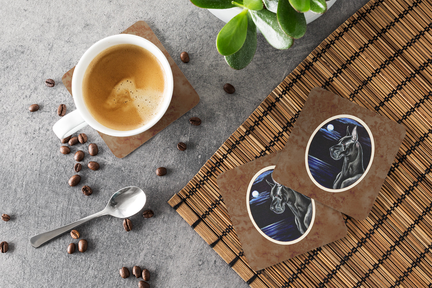 Black Great Dane in the Moonlight Foam Coasters Set of 4 Cup Coasters for Indoor Outdoor, Tabletop Protection, Anti Slip, Mouse pad Material