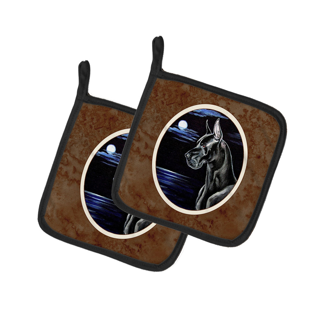 Black Great Dane in the Moonlight Pot Holder Set of 2 Heat Resistant Quilted Hot Pads 7.5 x 7.5 Inch, Insulated Kitchen Trivets for Cooking & Baking