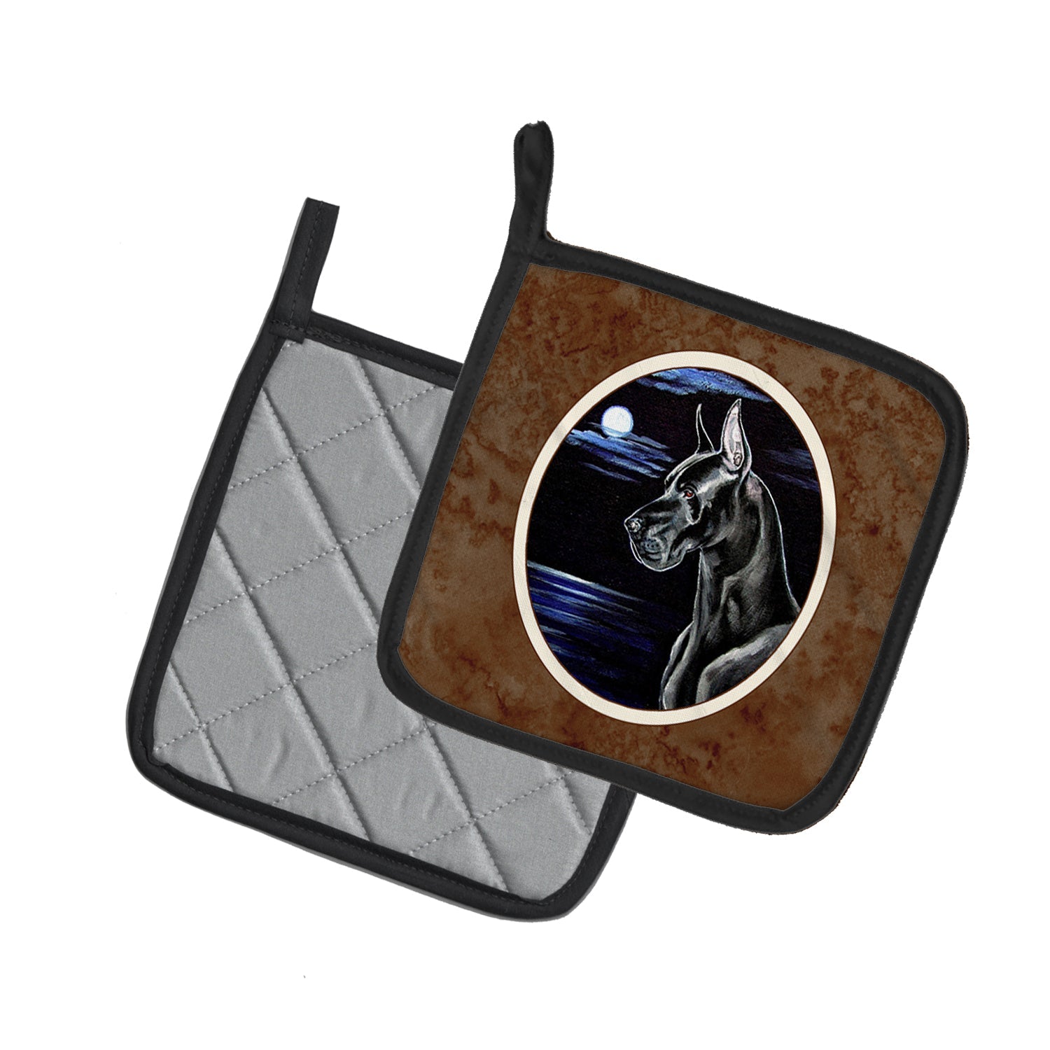 Black Great Dane in the Moonlight Pot Holder Set of 2 Heat Resistant Quilted Hot Pads 7.5 x 7.5 Inch, Insulated Kitchen Trivets for Cooking & Baking