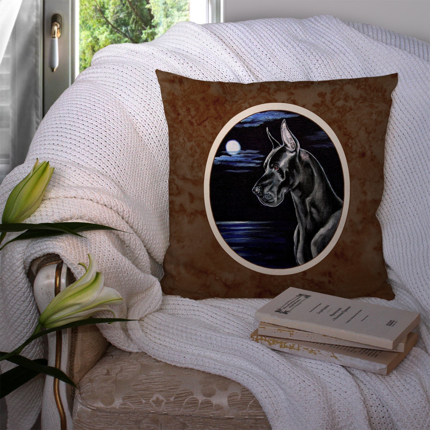 Black Great Dane in the Moonlight Decorative Throw Pillow 14x14 Indoor Outdoor Accent Cushion, Fabric Cover with Insert for Sofa, Bed, Porch & Living Room