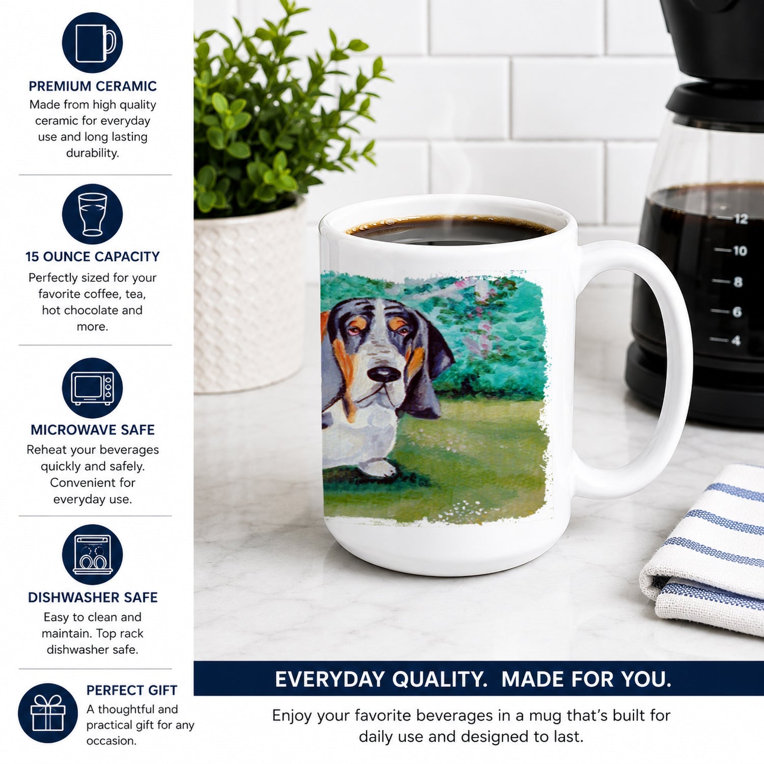 Basset Hound Double Trouble Ceramic Coffee Mug 15 oz Decorative Large C Handle Mug Cup for Tea, Cocoa Hot Chocolate