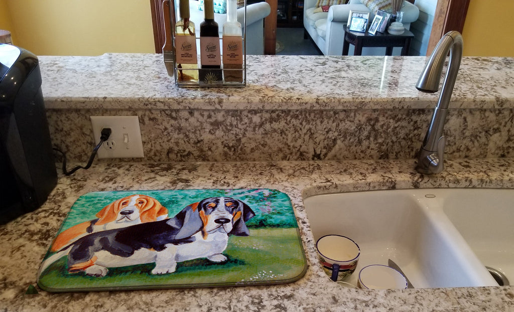 Basset Hound Double Trouble Dish Drying Mat Absorbent Dish Drying Mat Pad for Kitchen Counter Dish Drainer Mat for Countertop, 14 x 21", Multicolor
