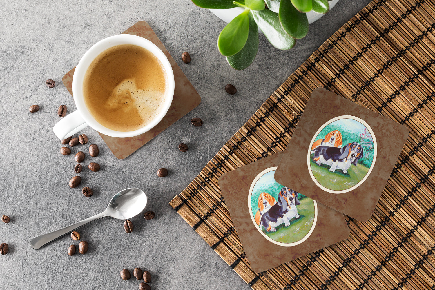 Basset Hound Double Trouble Foam Coasters Set of 4 Cup Coasters for Indoor Outdoor, Tabletop Protection, Anti Slip, Mouse pad Material
