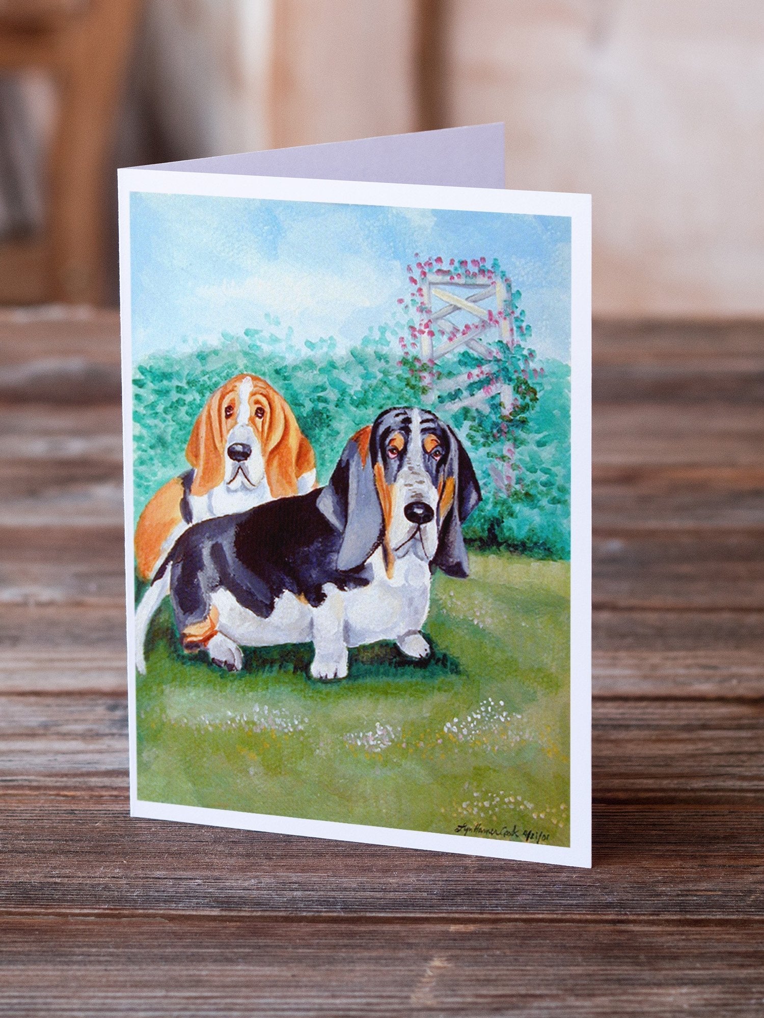Basset Hound Double Trouble Greeting Cards Pack of 8 Blank Cards with Envelopes Whimsical A7 Size 5x7