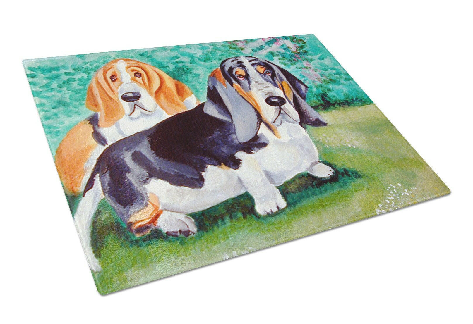 Basset Hound Double Trouble Cutting Board Tempered Glass Kitchen Cutting Surface, Heat Resistant Chopping, Non-Slip Feet, Food Prep & Serving