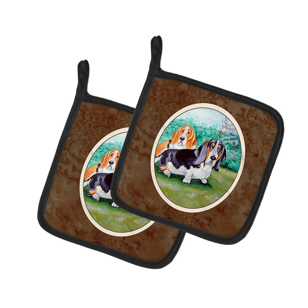 Basset Hound Double Trouble Pot Holder Set of 2 Heat Resistant Quilted Hot Pads 7.5 x 7.5 Inch, Insulated Kitchen Trivets for Cooking & Baking