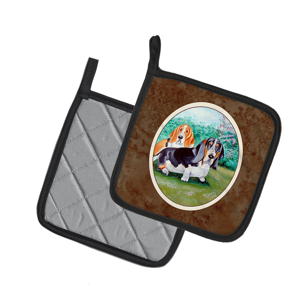 Basset Hound Double Trouble Pot Holder Set of 2 Heat Resistant Quilted Hot Pads 7.5 x 7.5 Inch, Insulated Kitchen Trivets for Cooking & Baking
