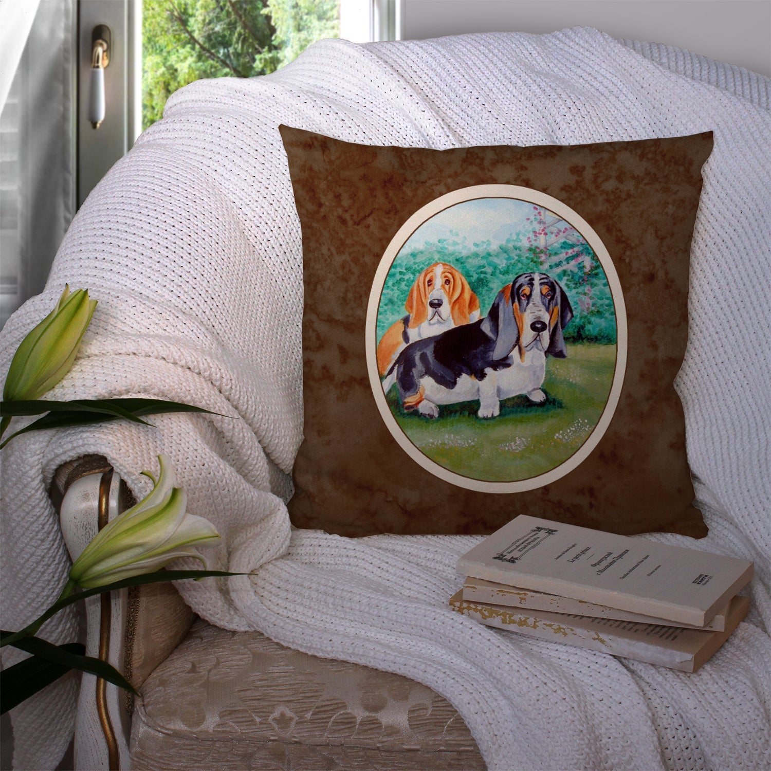 Basset Hound Double Trouble Decorative Throw Pillow 14x14 Indoor Outdoor Accent Cushion, Fabric Cover with Insert for Sofa, Bed, Porch & Living Room