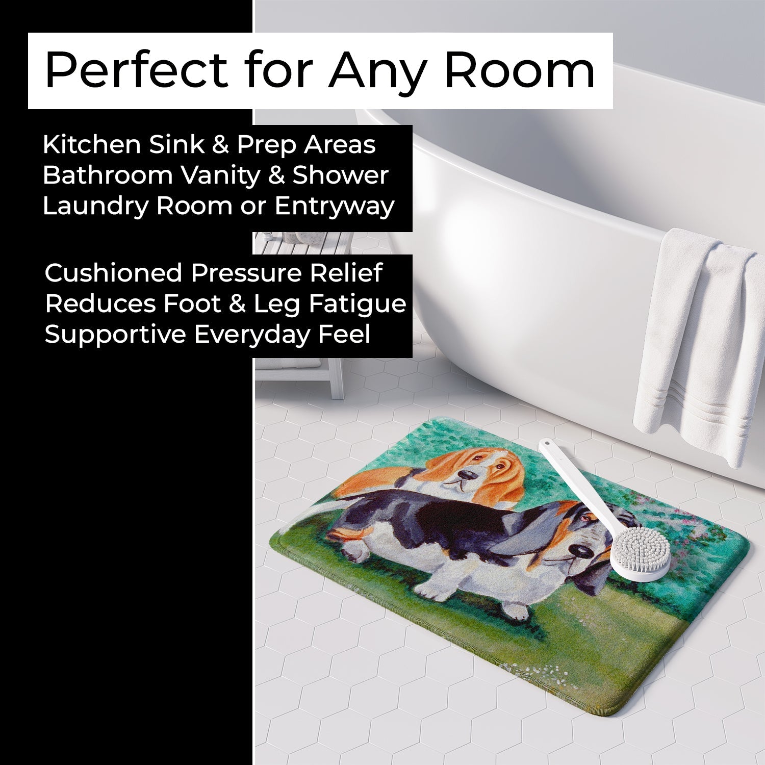 Basset Hound Double Trouble Memory Foam Kitchen Mat Machine Washable Anti-Fatigue Cushion Comfort Bath or Kitchen Rug