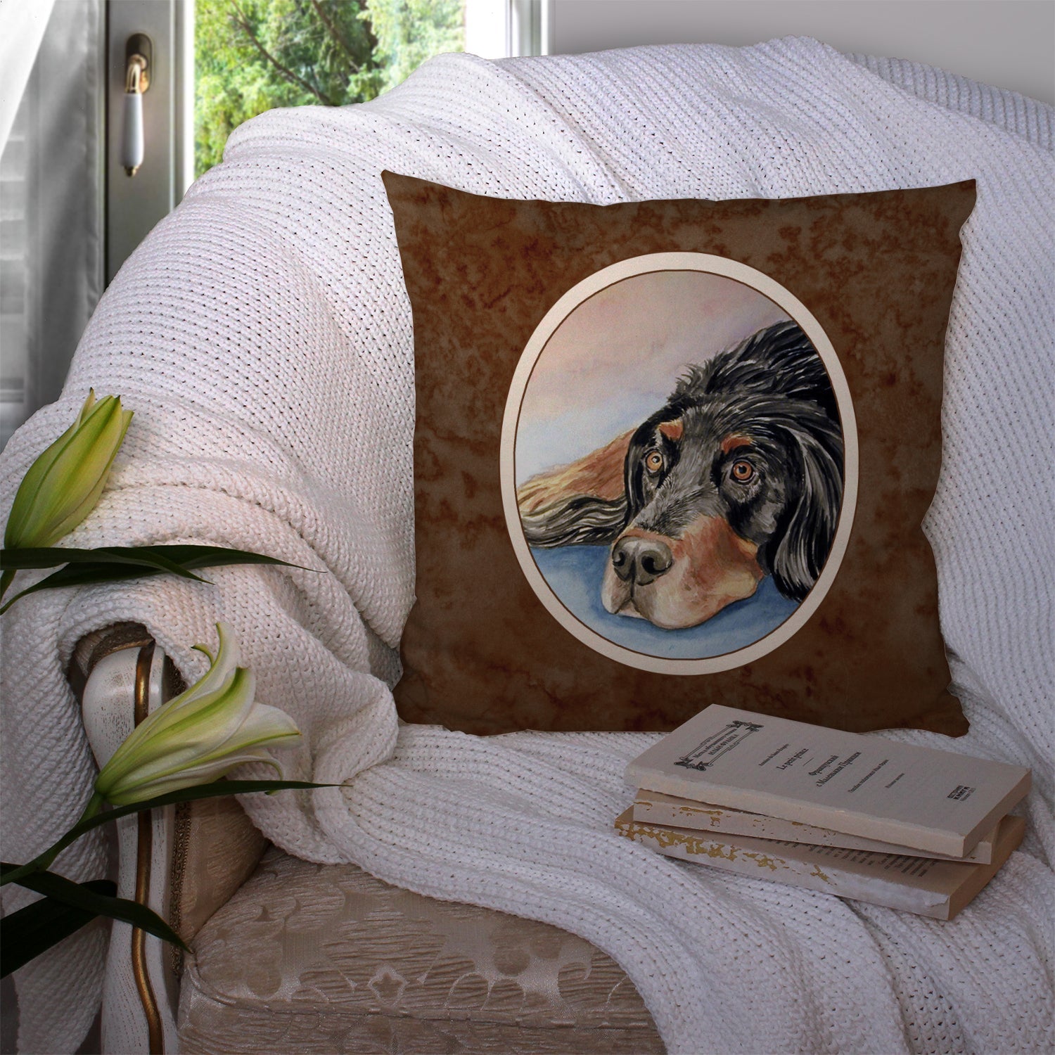 Gordon Setter Waiting on Mom Decorative Throw Pillow 14x14 Indoor Outdoor Accent Cushion, Fabric Cover with Insert for Sofa, Bed, Porch & Living Room