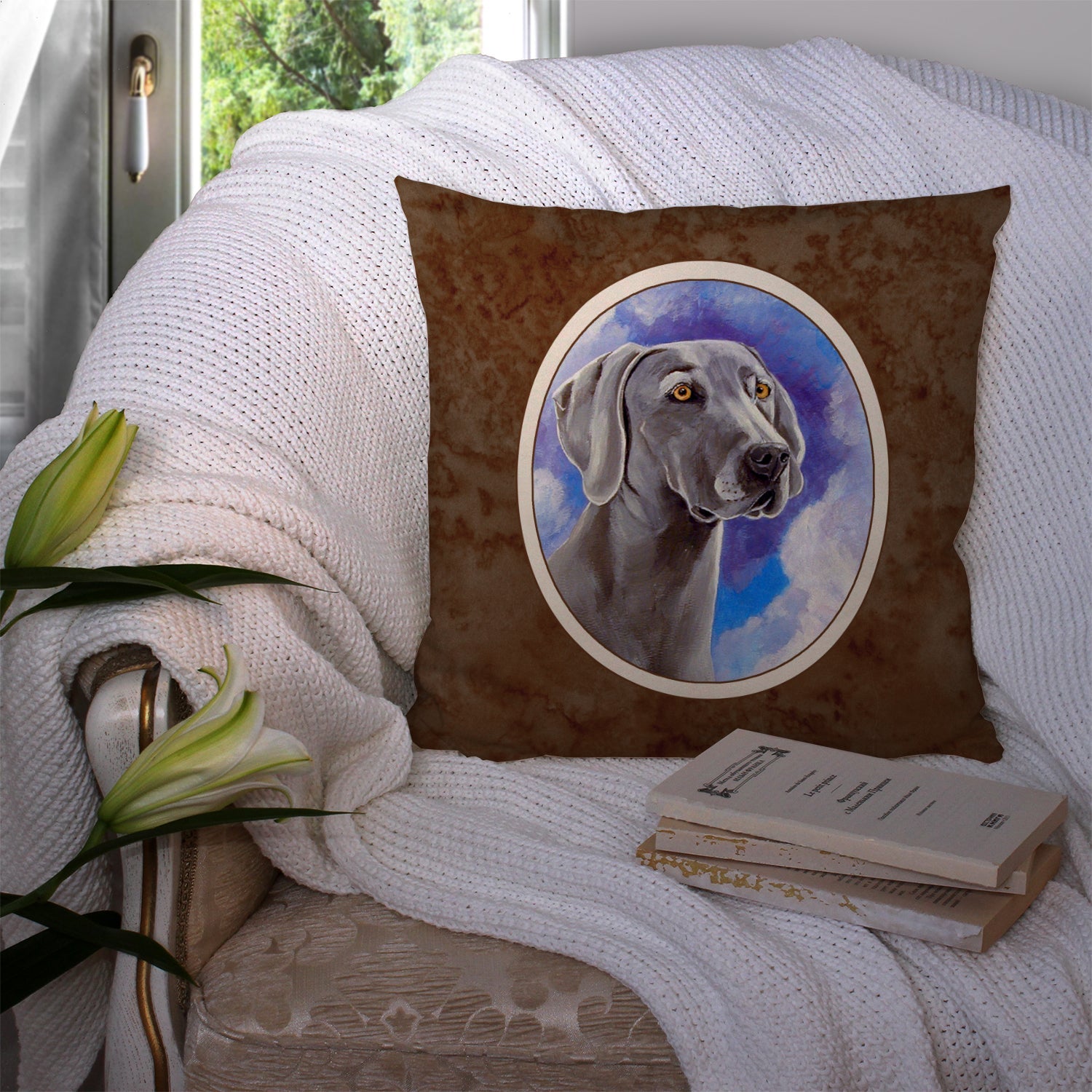 Weimaraner Azure Skies Decorative Throw Pillow 14x14 Indoor Outdoor Accent Cushion, Fabric Cover with Insert for Sofa, Bed, Porch & Living Room