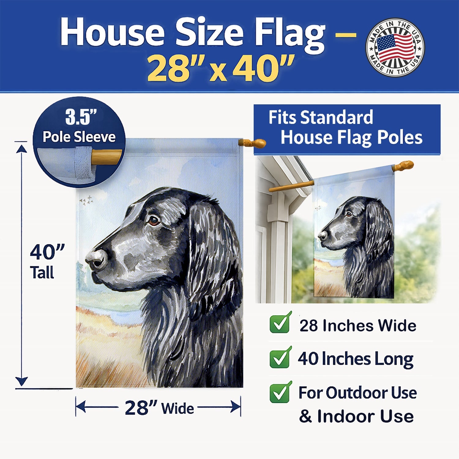 Flat Coated Retriever House Flag 28x40 Porch Sleeve Pole Decorative Outside Yard Banner Artwork Wall Hanging, Polyester