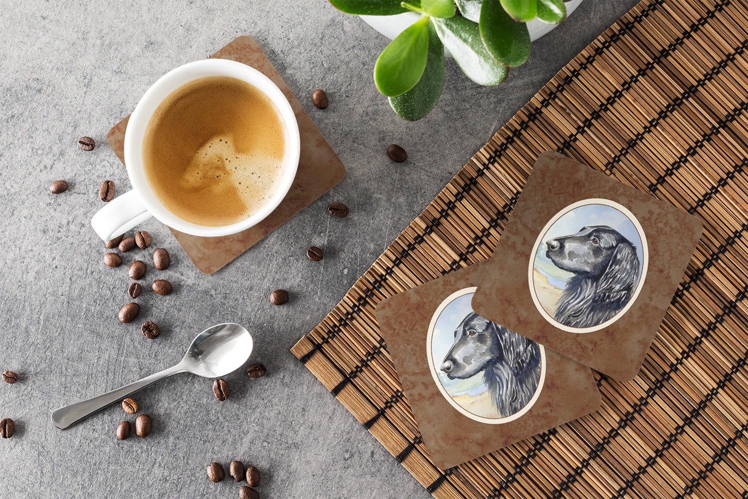 Flat Coated Retriever Foam Coasters Set of 4 Cup Coasters for Indoor Outdoor, Tabletop Protection, Anti Slip, Mouse pad Material
