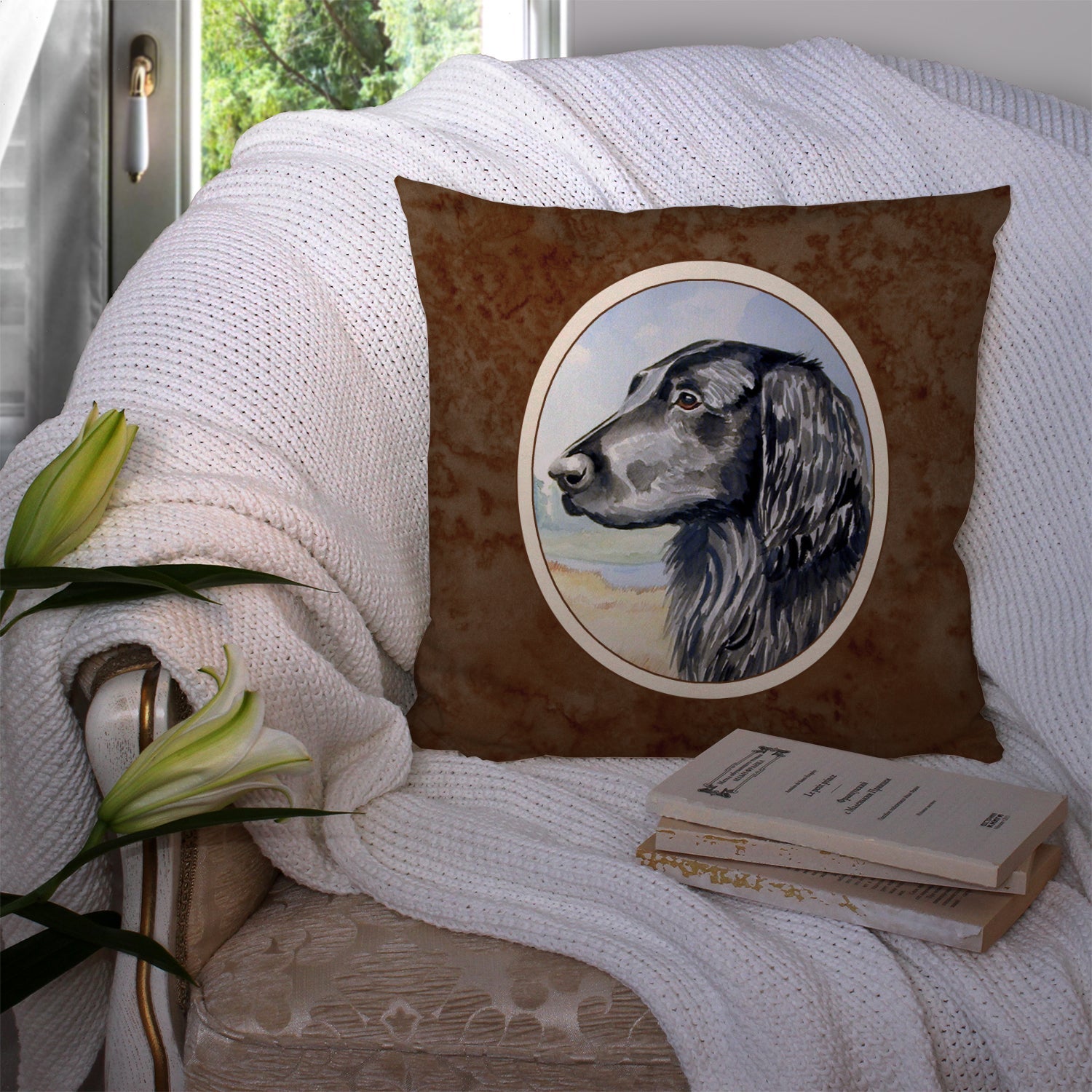 Flat Coated Retriever Decorative Throw Pillow 14x14 Indoor Outdoor Accent Cushion, Fabric Cover with Insert for Sofa, Bed, Porch & Living Room