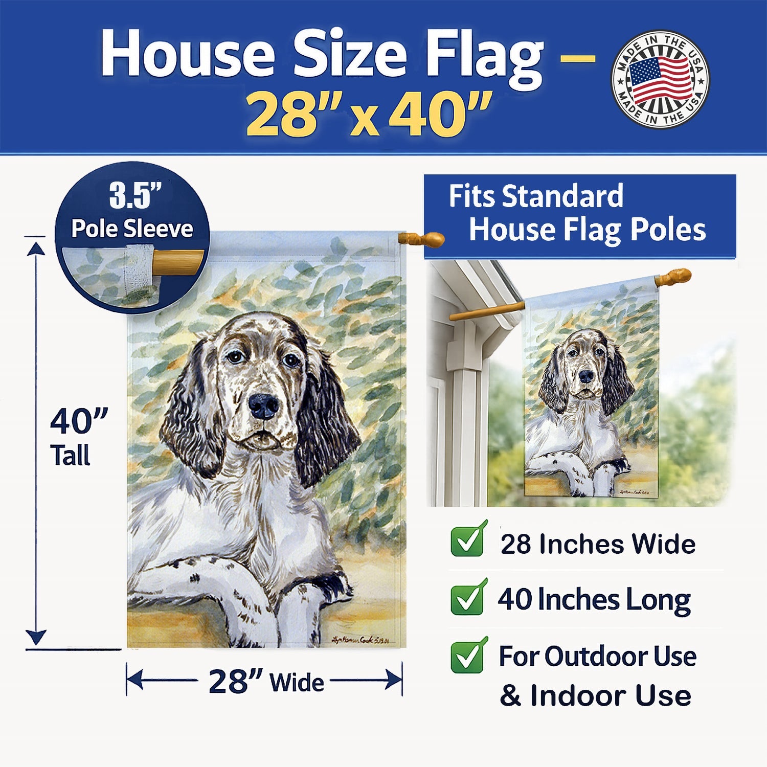 English Setter Patience House Flag 28x40 Porch Sleeve Pole Decorative Outside Yard Banner Artwork Wall Hanging, Polyester
