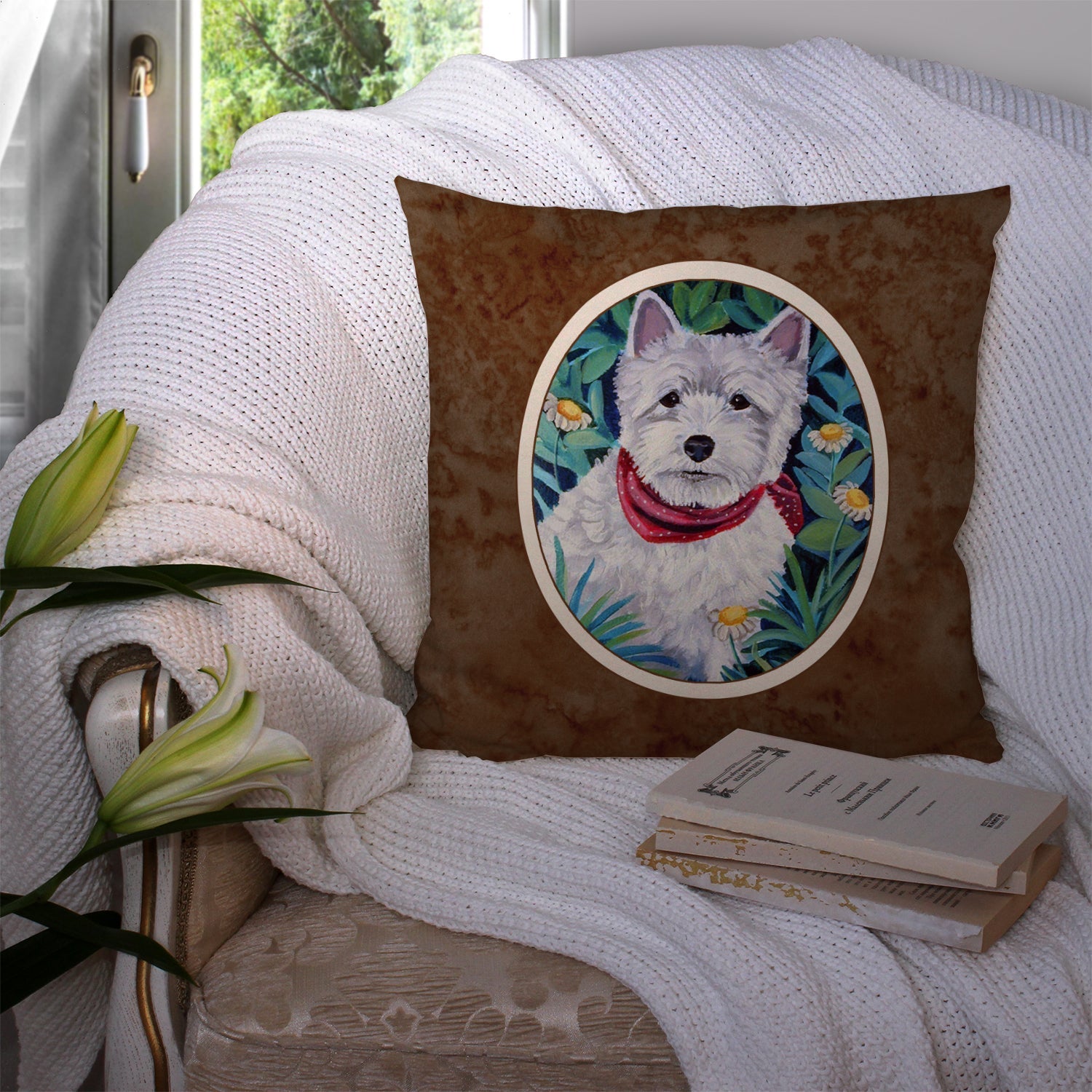 Westie Decorative Throw Pillow 14x14 Indoor Outdoor Accent Cushion, Fabric Cover with Insert for Sofa, Bed, Porch & Living Room