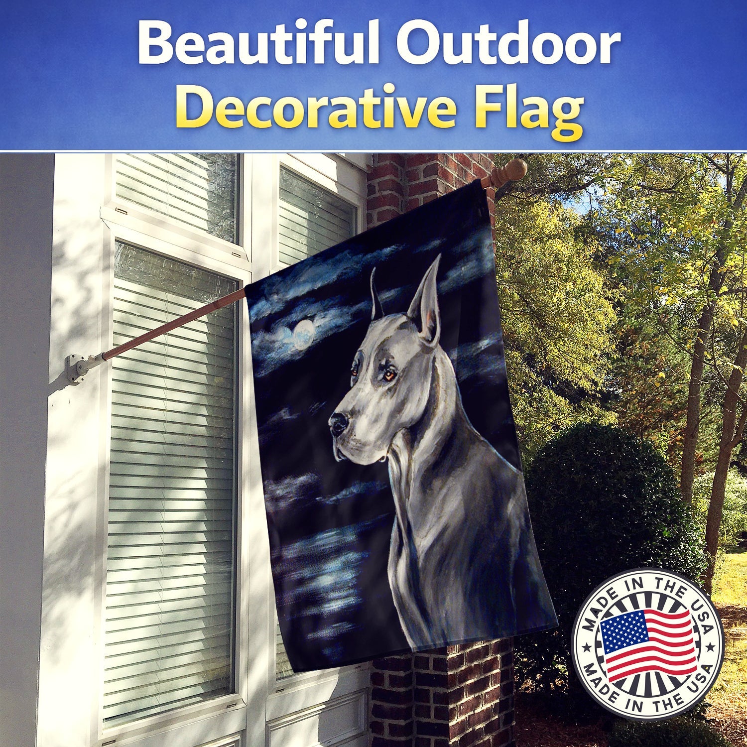 Great Dane Moonlight House Flag 28x40 Porch Sleeve Pole Decorative Outside Yard Banner Artwork Wall Hanging, Polyester
