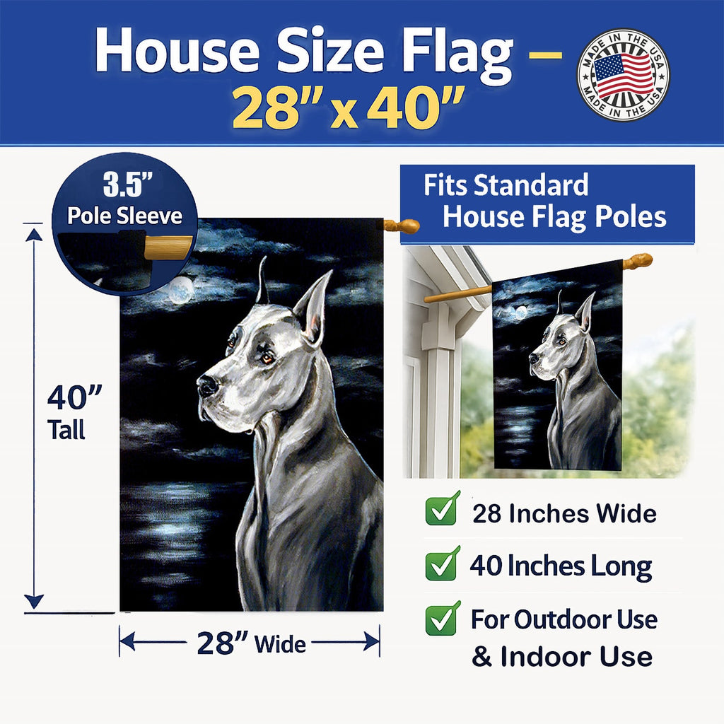 Great Dane Moonlight House Flag 28x40 Porch Sleeve Pole Decorative Outside Yard Banner Artwork Wall Hanging, Polyester