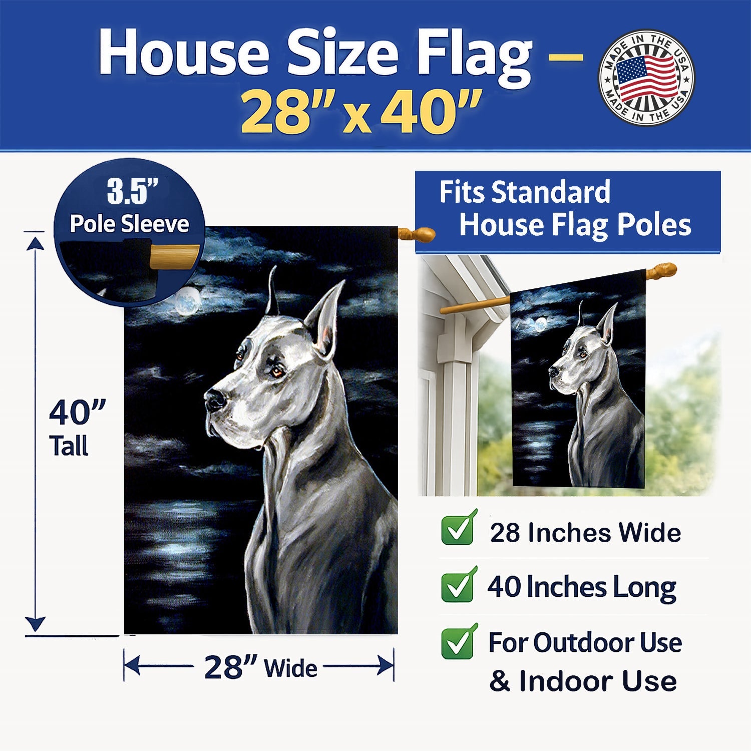 Great Dane Moonlight House Flag 28x40 Porch Sleeve Pole Decorative Outside Yard Banner Artwork Wall Hanging, Polyester