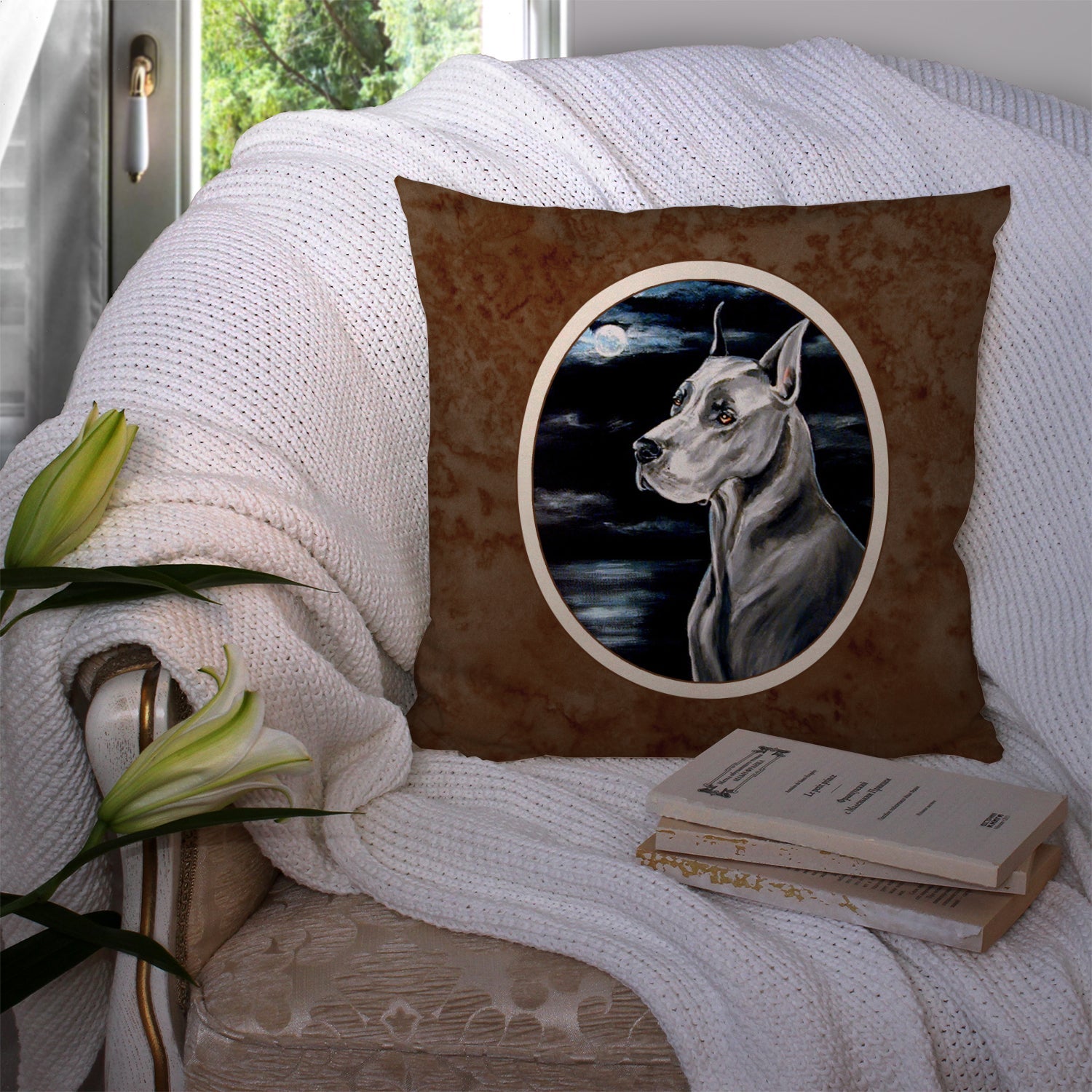 Great Dane Moonlight Decorative Throw Pillow 14x14 Indoor Outdoor Accent Cushion, Fabric Cover with Insert for Sofa, Bed, Porch & Living Room