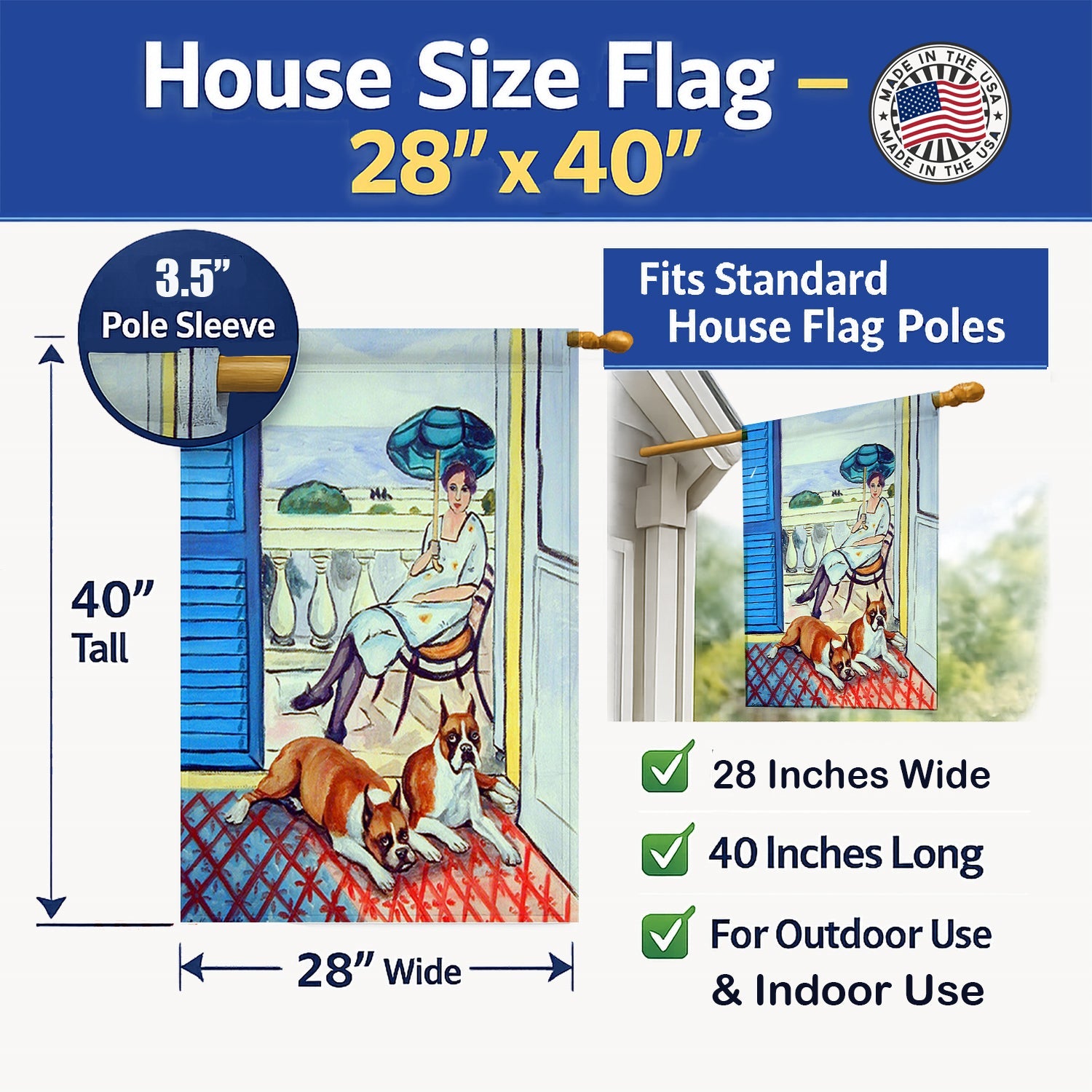 Lady with her Boxer House Flag 28x40 Porch Sleeve Pole Decorative Outside Yard Banner Artwork Wall Hanging, Polyester