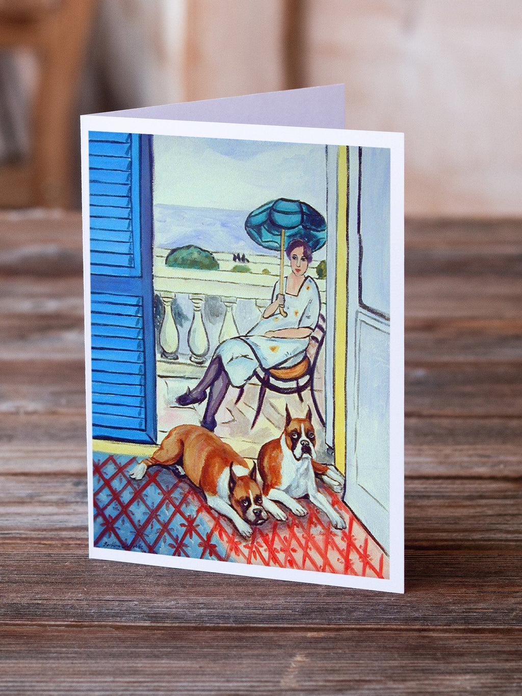 Lady with her Boxer Greeting Cards Pack of 8 Blank Cards with Envelopes Whimsical A7 Size 5x7