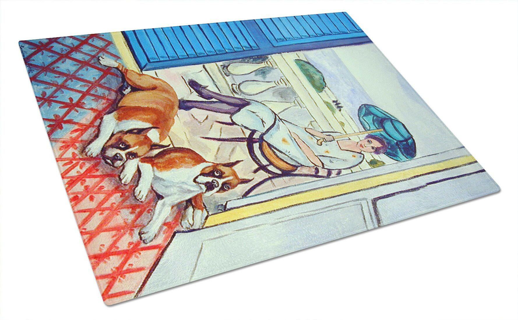 Lady with her Boxer Cutting Board Tempered Glass Kitchen Cutting Surface, Heat Resistant Chopping, Non-Slip Feet, Food Prep & Serving