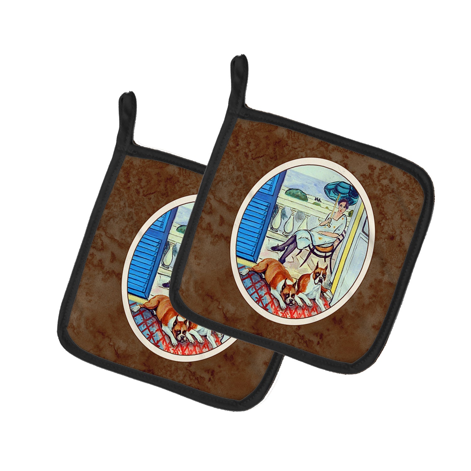 Lady with her Boxer Pot Holder Set of 2 Heat Resistant Quilted Hot Pads 7.5 x 7.5 Inch, Insulated Kitchen Trivets for Cooking & Baking