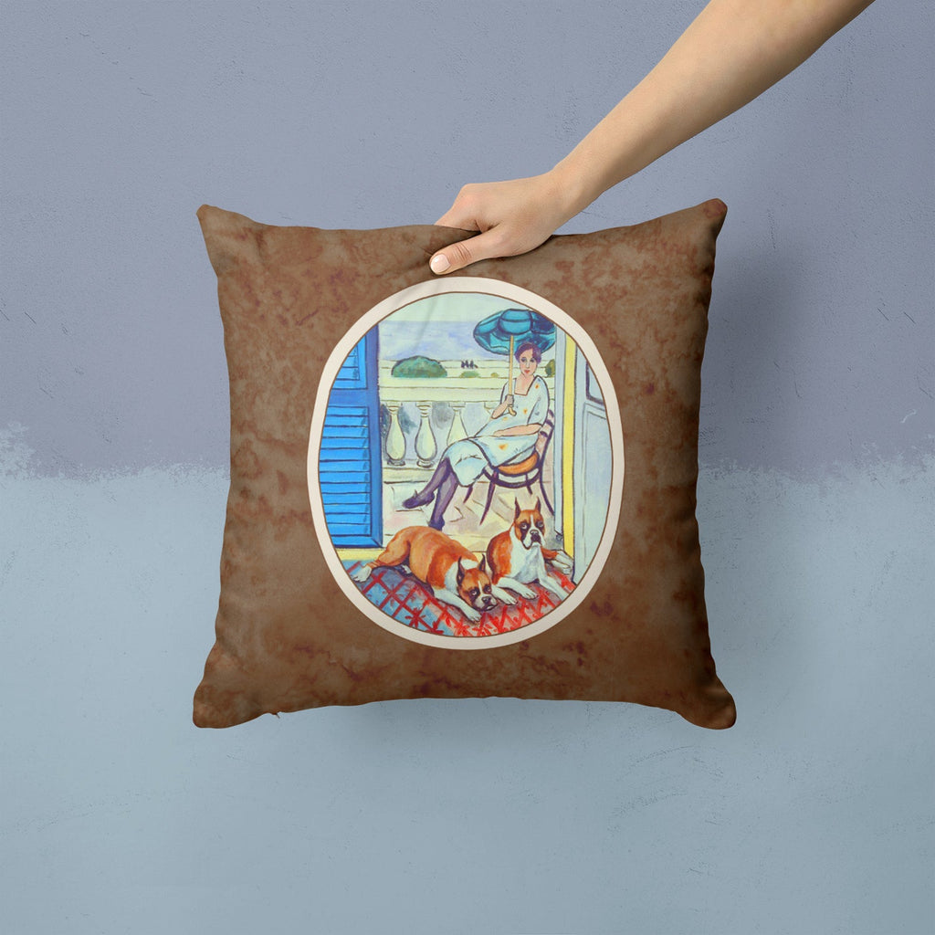 Lady with her Boxer Decorative Throw Pillow 14x14 Indoor Outdoor Accent Cushion, Fabric Cover with Insert for Sofa, Bed, Porch & Living Room
